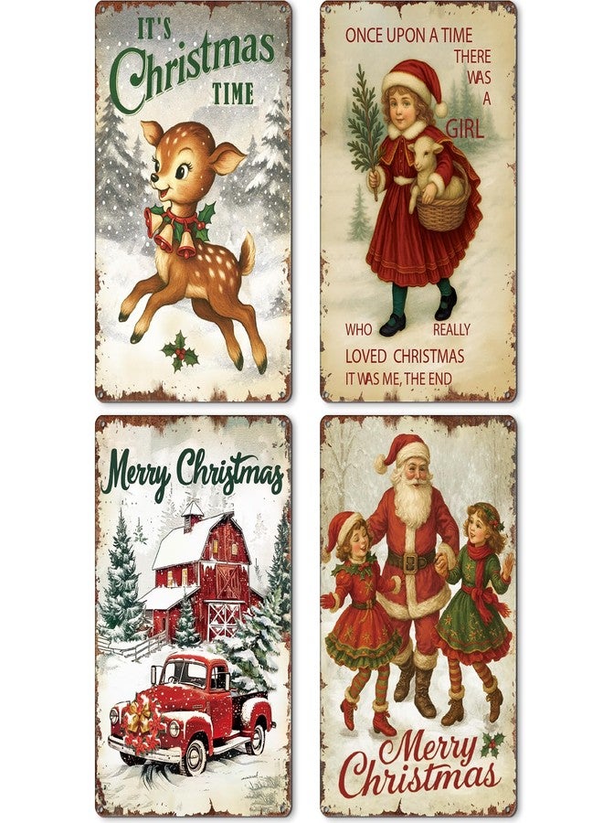 Otoolling 4 Pcs Vintage Christmas Wall Sign Metal Red Truck Little Girl Plaque Sign Decorations Santa Claus Elk Wall Art for Home Coffee Shop Retro Christmas Decor, 8 x 12 Inch - Image 1
